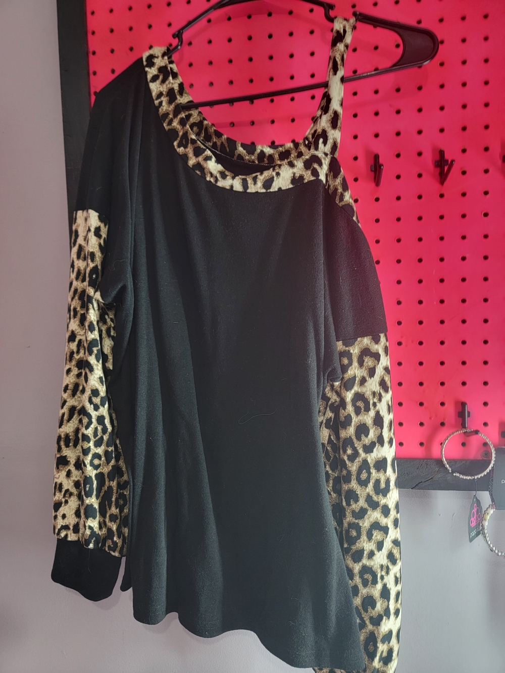 Black Leopard-Trim Off-Shoulder Women’s Top
